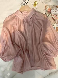 芥末美丽法式小众纯色褶皱领口系带衬衫2024夏季设计感泡泡短袖雪