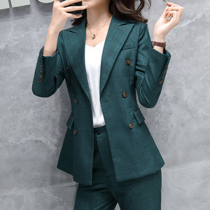 轻奢复古绿色格子小西装外套女春秋OL职业韩版气质修身西服两件套