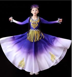 新款儿童舞蹈演出服装新疆舞大摆裙维族哈萨克族回族六一表演服女