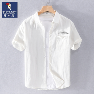 啄木鸟男士短袖衬衫夏季薄款日系刺绣纯棉上衣服白色休闲百搭衬衣