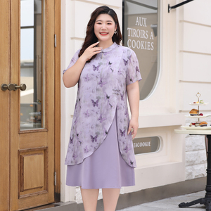 新中式夏季连衣裙特大码女装旗袍改良款假两件胖妈妈显年轻中长裙