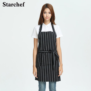 韩版时尚条纹围裙双肩背带交叉式挂脖围腰厨房餐厅工作服防污罩衣