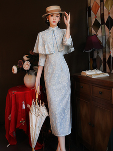 新中式蓝色旗袍新款2023新款女秋冬改良版两件套日常中长款连衣裙