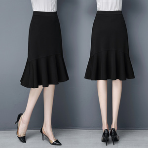 黑色半身裙女2024年夏季新款高腰中长款鱼尾裙荷叶边百褶包臀裙子