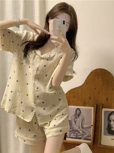 韩版清新碎花梭织棉纱睡衣女士夏季新款高级感短袖短裤家居服套装