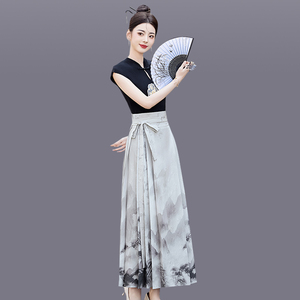 新中式国风千里江山马面裙套装盘扣上衣气质型别致两件套裙子淑女