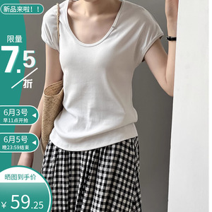 修身短袖设计感T恤女2024新款气质显瘦上衣夏季韩版小个子U领丅恤
