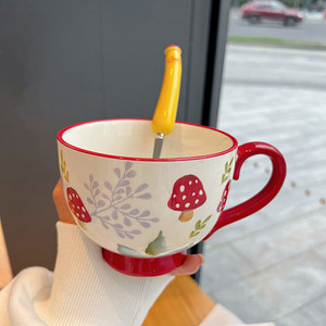 釉下彩蘑菇陶瓷杯子早餐牛奶燕麦片杯大容量咖啡杯家用带手柄水杯