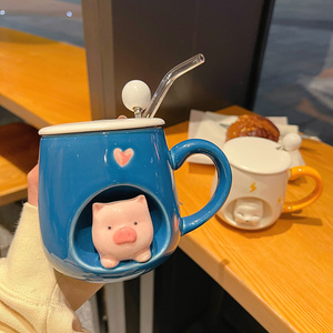 可爱立体卡通猪猪窗口带盖勺马克杯创意情侣喝水办公室陶瓷水杯子