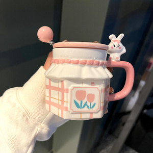 兔子郁金香情侣马克杯伴手礼生日礼物女生办公室水杯陶瓷带盖杯子