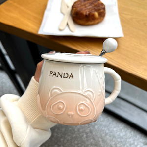 超萌熊猫马克杯可爱陶瓷杯子带盖勺男女生家用咖啡早餐杯情侣水杯