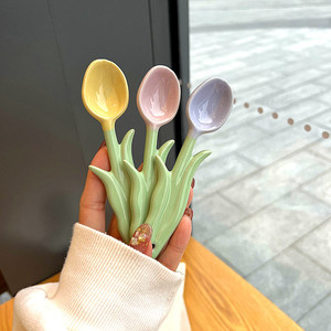 韩国ins风手工立体郁金香花朵家用陶瓷勺甜品咖啡勺喝汤勺子调羹
