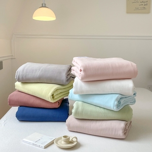 极简纯色风全棉双层纱四件套褶皱纯棉单件床单被套床笠北欧风素色