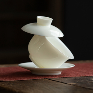 羊脂玉瓷三才盖碗可悬停茶杯白瓷单个敬茶碗子陶瓷悬浮泡茶具家用