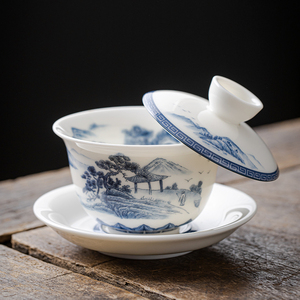 德化羊脂玉三才盖碗可悬停青花山水单个茶杯泡茶碗大容量陶瓷茶具