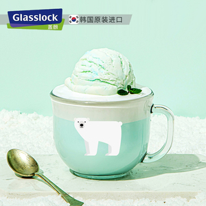 Glasslock卡通玻璃杯个性动物带把水杯果汁牛奶酸奶杯家用早餐杯