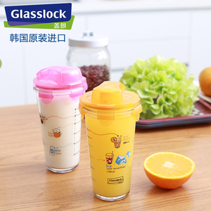Glasslock进口卡通刻度玻璃水杯 创意学生便携随手杯牛奶杯玻璃杯
