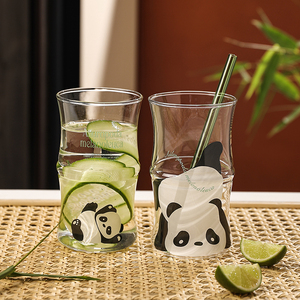 熊猫杯子夏天女生透明玻璃杯家用耐高温情侣杯竹节水杯女新款2024