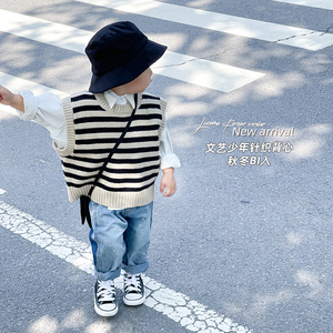 LUCAMA“文艺少年”日系儿童白衬衣休闲百搭条纹针织马甲背心上衣