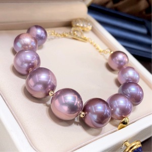 妖紫色爱迪生珍珠手链 天然淡水有核珍珠 近圆大原色满钻注金