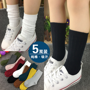 5双儿童袜子纯棉中筒袜男女童袜纯黑色长筒堆堆袜秋冬学生运动袜