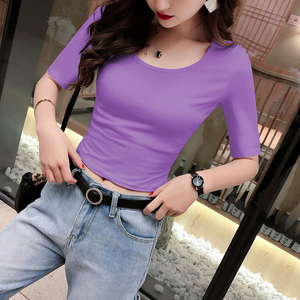 紫色短款t恤女半袖修身韩版小个子高腰紧身上衣露脐中袖小款体桖
