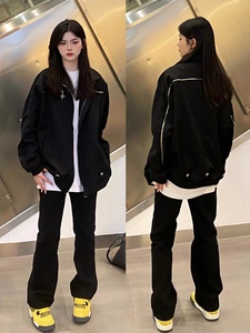黑色外套女春秋2024春季新款原创设计高级感美式复古翻领宽松夹克