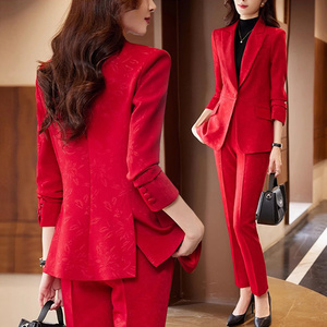 红色提花西装套装女秋冬设计感印花西服外套高端主持人正装工作服