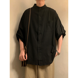 纯黑色新中式衬衫国风男装高级感复古立领设计感短袖衬衣外套夏季