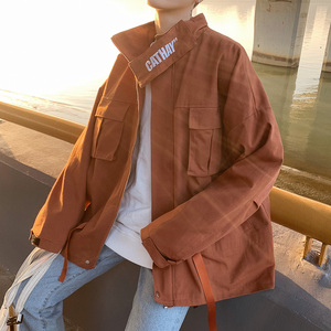 橘色vintage美式冲锋衣外套男设计感小众户外机能风立领工装夹克