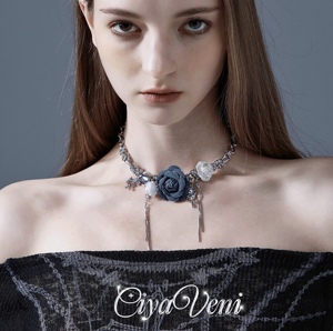 CIYAVENI原创设计牛仔布蓝玫瑰小香风纽扣项链山茶花复古锁骨链