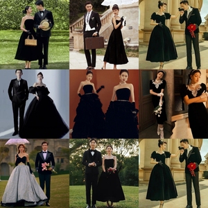 新款影楼主题服装法式缎面赫本风写真摄影复古风丝绒黑色婚纱礼服
