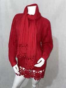 vintage复古着自带围巾手工钩花立体球球设计感红色宽松套头毛衣