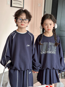 洋气韩国儿童姐弟装春款男童运动套装女童学院风卫衣半身裙两件套