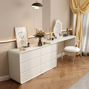 梳妆台卧室简约现代化妆桌可伸缩斗柜奶油风实木烤漆多功能化妆台