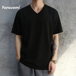 Fansuomi/范索米 重磅纯棉V领短袖T恤男夏季纯黑色半袖体恤打底衫