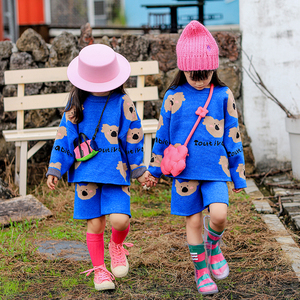 小蜜糖童装女童套装春季韩版儿童宝宝针织衣服短裤男童蓝色毛衣潮