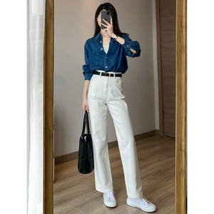 韩版白色牛仔裤女早春款2024年新款高腰高端裤子夏季薄款直筒裤