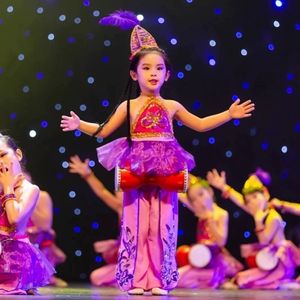 抖音紫金舞蹈西夏鼓娃女童同款演出服装原版伴奏紫色儿童表演服装