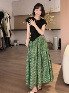 韩版CHIC绿色格子高腰显瘦气质A字半身裙女中长款设计感小众裙子