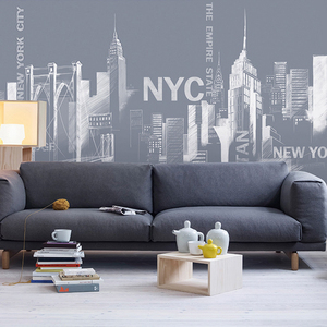 手绘抽象城市艺术壁纸客厅电视背景墙布个性纽约印象建筑定制壁画