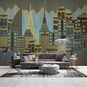 现代简约金色线条城市建筑浮雕雕刻电视背景墙壁纸8d客厅装饰墙布