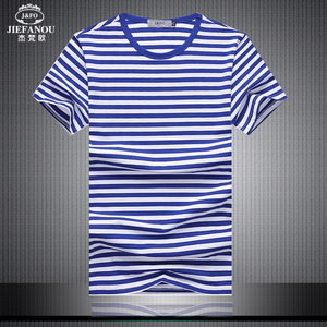 夏季海军风男土短袖t恤男士蓝白条纹圆领纯棉海魂衫半袖丅体桖潮