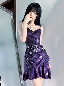蝴蝶星空》紫色昭和公主复古少女连衣裙手作超精致小礼服吊带裙子