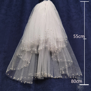 2一道珍珠边闪纱 领证头纱 带发梳双层短款简约新娘头纱头饰