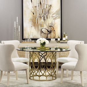 新古典圆餐桌玻璃餐台欧式餐桌拉丝黄铜不锈钢圆桌子饭厅桌洽谈桌