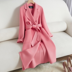 粉色双面羊绒大衣女2023新款系带西装领修身长款羊毛呢外套秋冬季