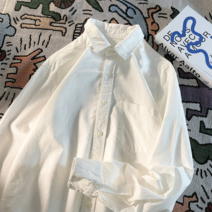 美式休闲衬衫男长袖春秋季潮牌外套宽松纯色加绒保暖高级感白衬衣