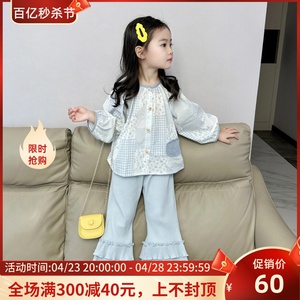 女童衬衫2024春季韩版女宝宝春装上衣儿童复古圆领长袖衬衣娃娃衫