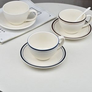 微瑕陶瓷韩式线条加厚咖啡杯早餐牛奶杯卡布奇诺拉花杯碟套装送勺